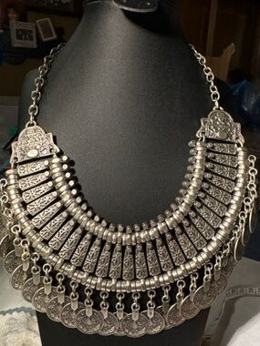 Boho Moroccan Coin Bib Necklace Silver Tone Tribal Statement
